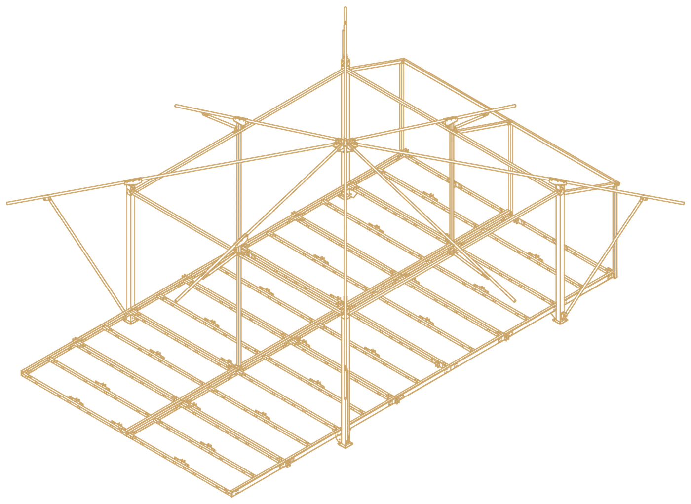 Three-dimensional drawing of the ARMIS modular steel frame: central main post, roof rafters, tropical-roof outriggers and the raised deck frame