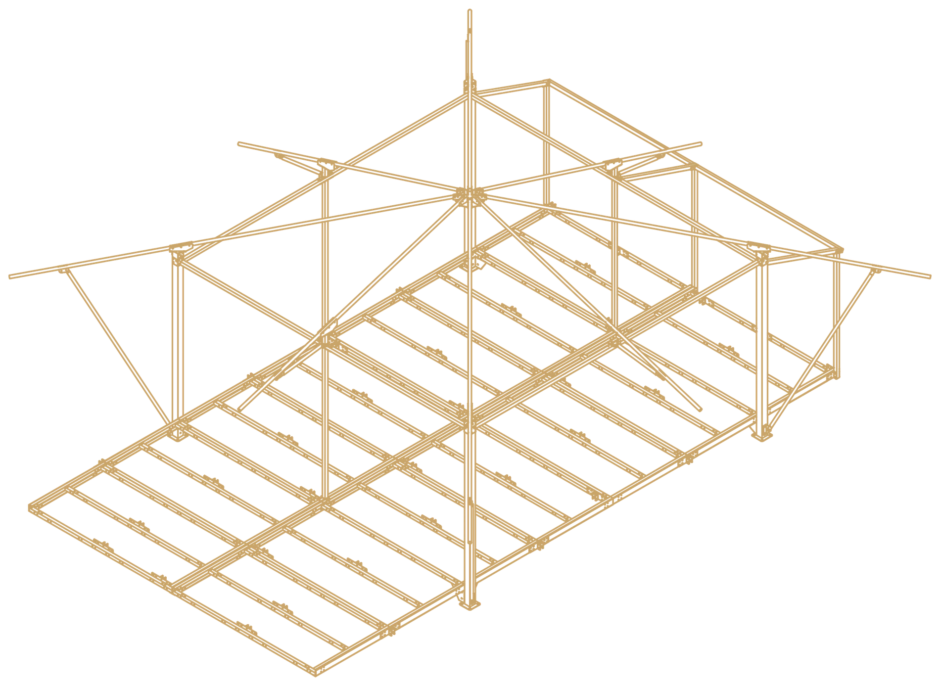Three-dimensional drawing of the ARMIS modular steel frame: central main post, roof rafters, tropical-roof outriggers and the raised deck frame