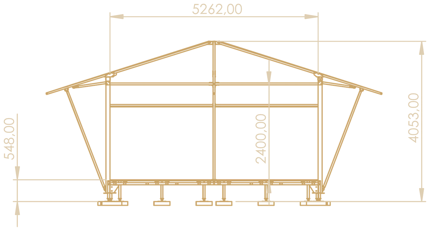 Front elevation drawing of the ARMIS Safari Suite frame on a raised deck: 5,262 mm wide, 2,400 mm wall height and 4,053 mm to the roof peak, with outrigger poles for the tropical roof