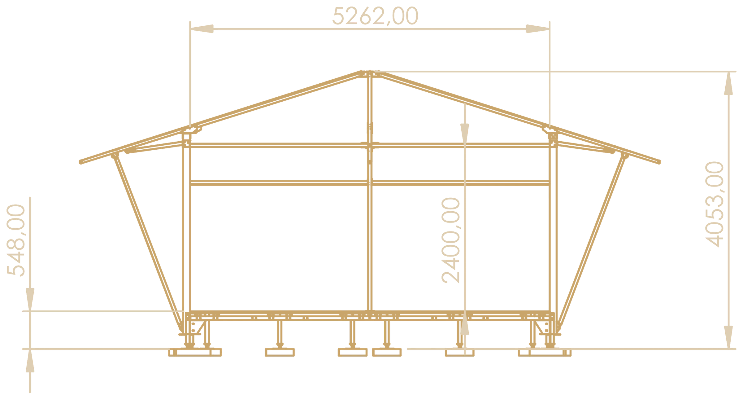 Front elevation drawing of the ARMIS Safari Suite frame on a raised deck: 5,262 mm wide, 2,400 mm wall height and 4,053 mm to the roof peak, with outrigger poles for the tropical roof