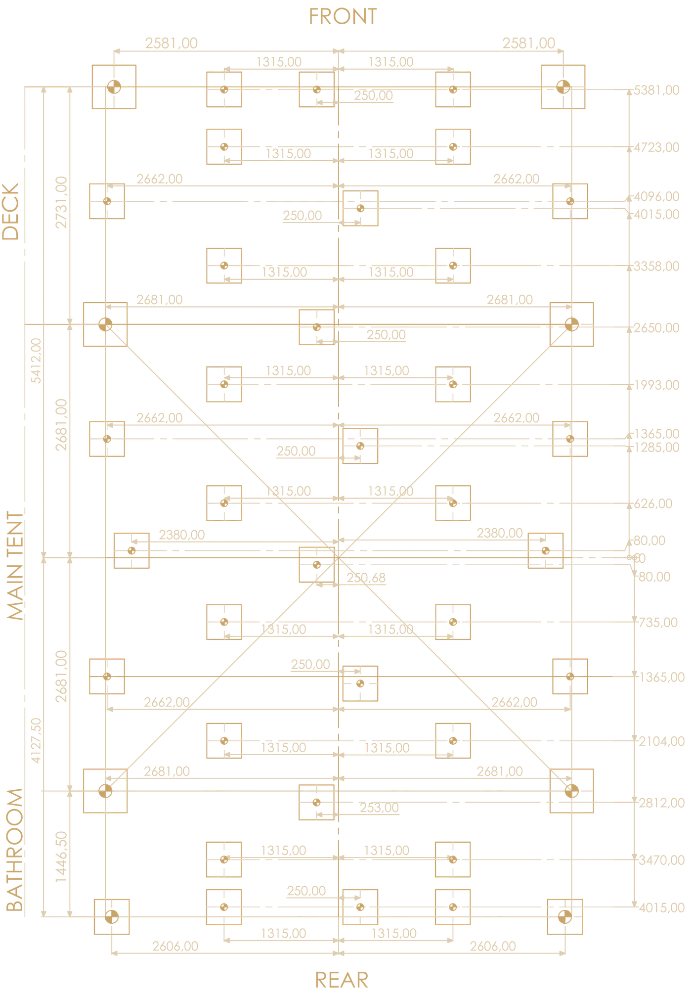 Leg layout drawing for the ARMIS Safari Suite showing the position of every support leg under the deck, main tent and bathroom, dimensioned from the centre line