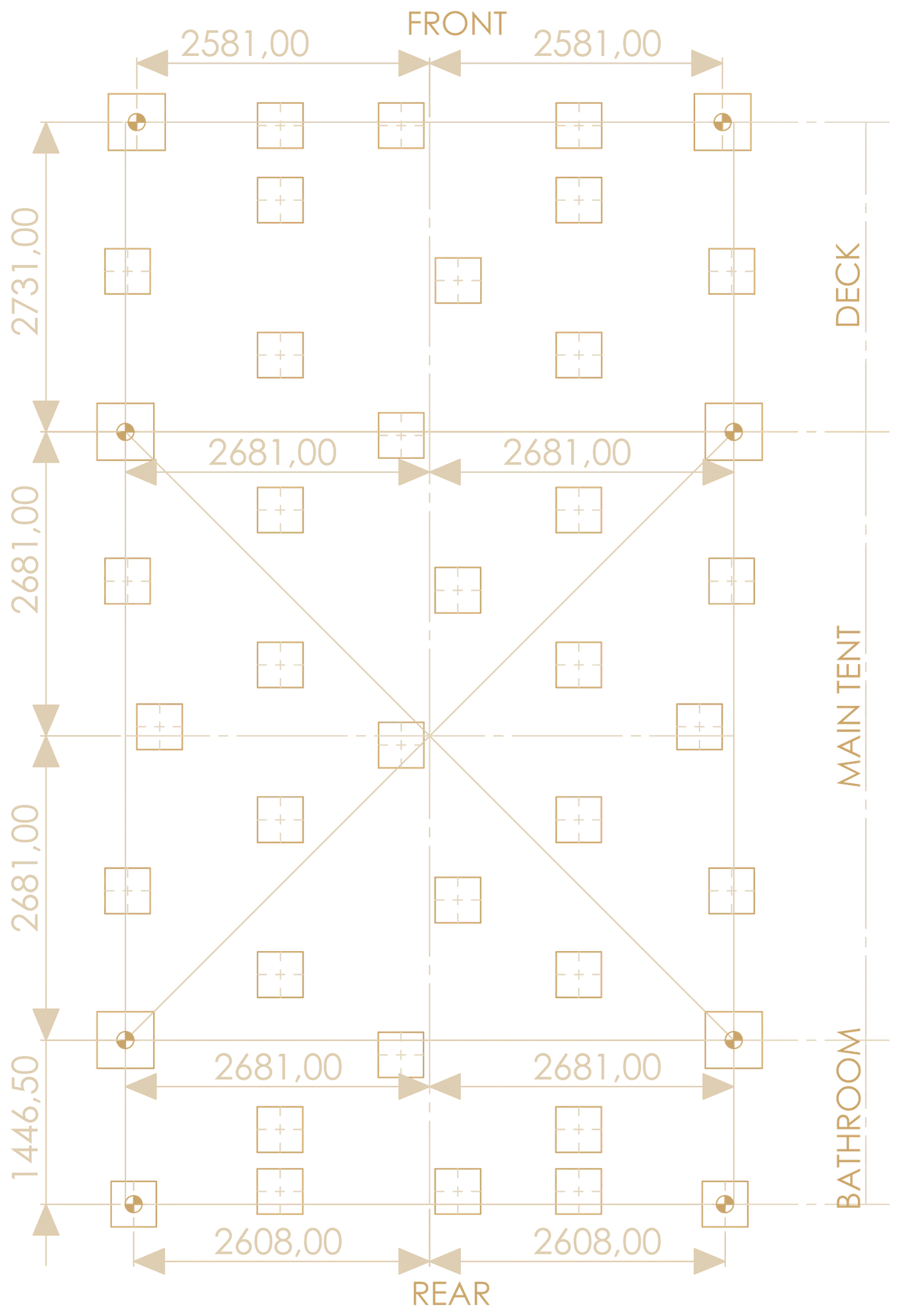 Main post and concrete footing layout drawing for the ARMIS Safari Suite, showing footing positions for the deck, main tent and bathroom