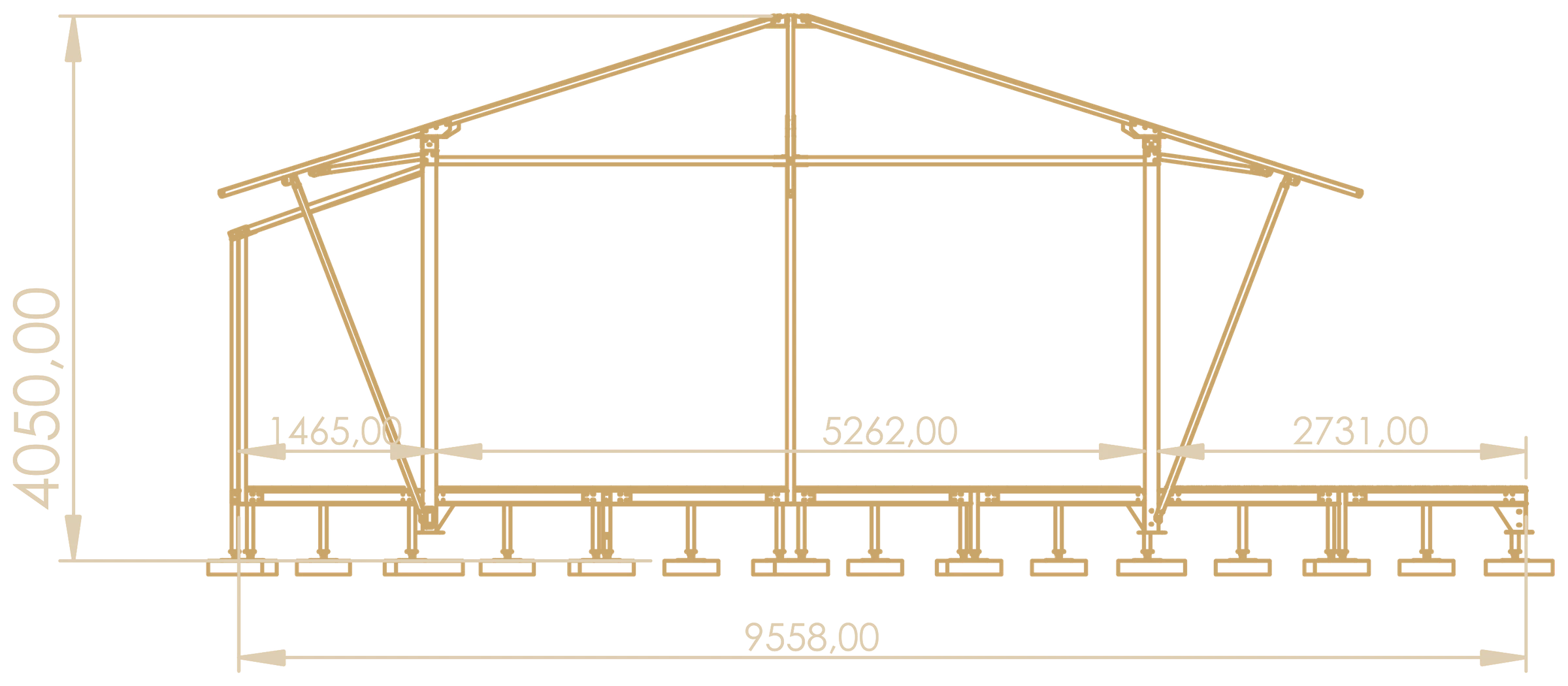 Side elevation drawing of the ARMIS Safari Suite: a 1,465 mm rear bathroom module, 5,262 mm main tent and 2,731 mm front deck, 9,558 mm long and 4,050 mm high overall
