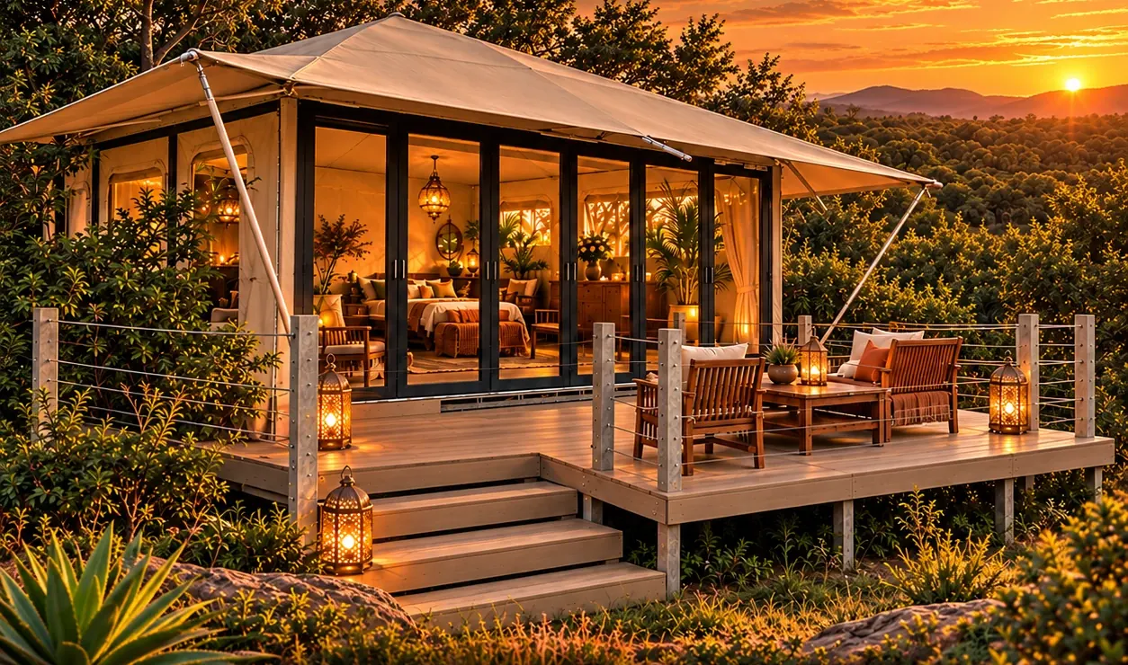 Glamping suite with a full-width stack of folding glass doors and lantern-lit deck at sunset