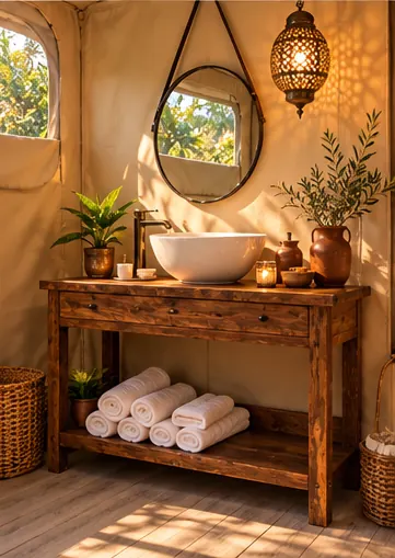 Glamping tent bathroom with timber vanity and vessel basin