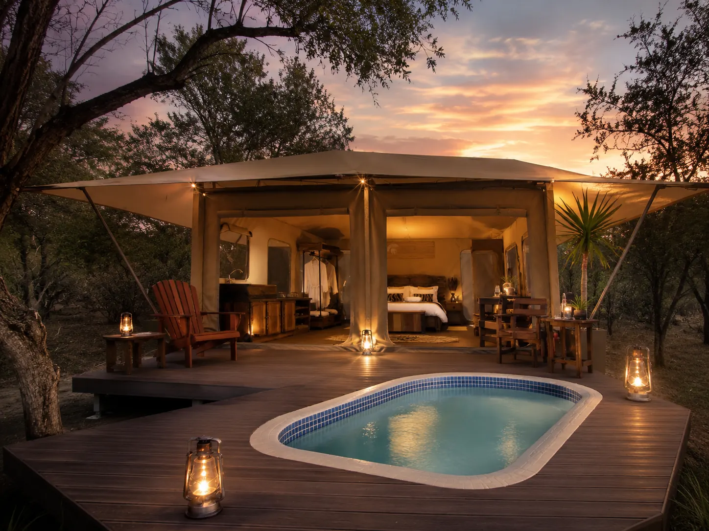 Glamping suite with private plunge pool and lantern-lit deck at golden hour