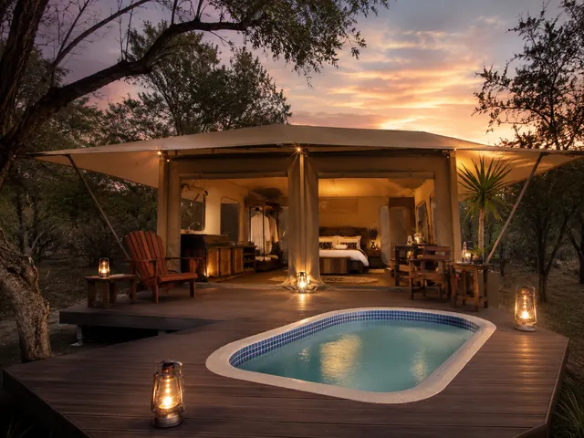 Safari tent with private plunge pool and deck at golden hour