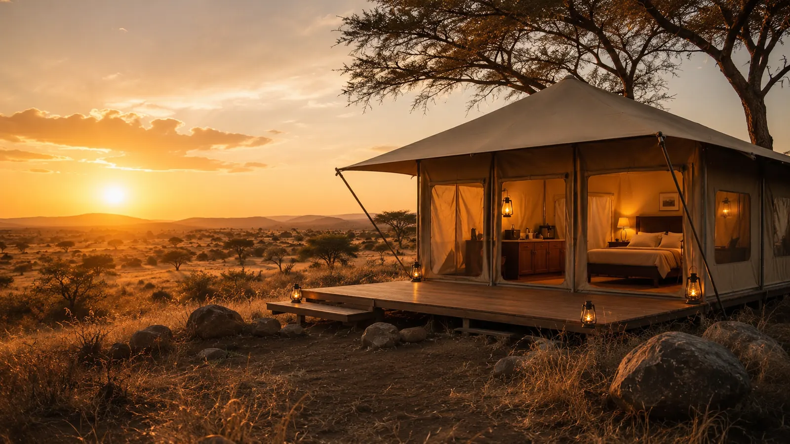 ARMIS safari tent on a timber deck overlooking the savanna at sunset