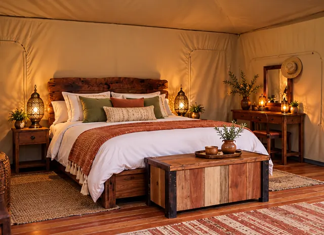 Moroccan-inspired tent bedroom with lantern lights and woven textiles