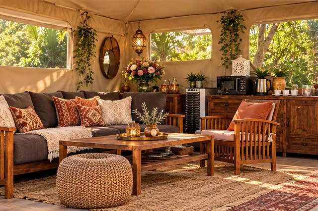 Moroccan-style lounge inside a glamping tent with patterned cushions