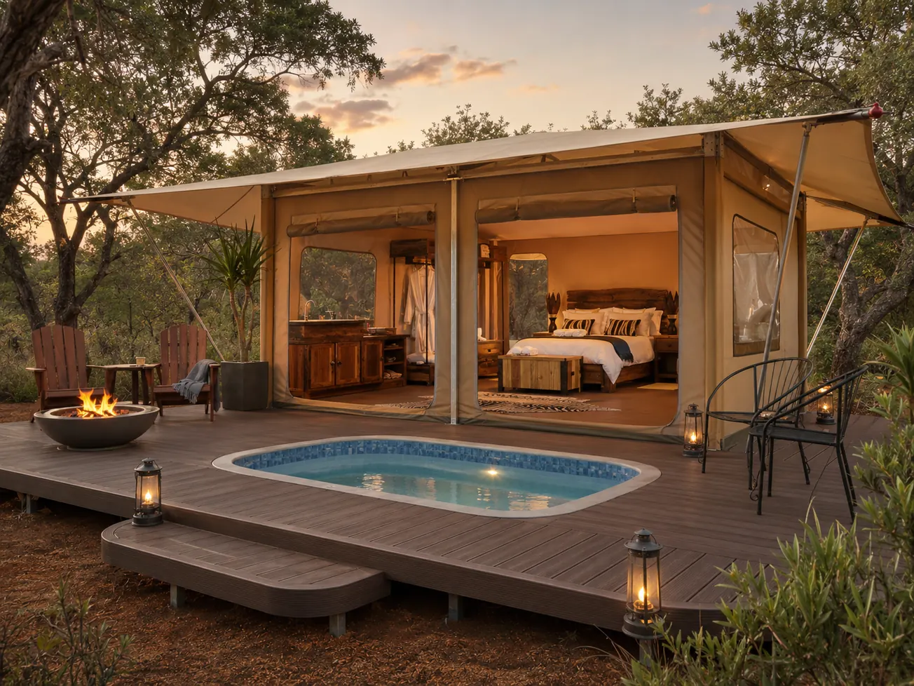 ARMIS Safari Suite with open canvas walls, king bed, timber deck and plunge pool