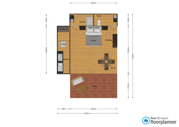 Example safari tent floor plan with shower, toilet, kitchen, queen bed and deck