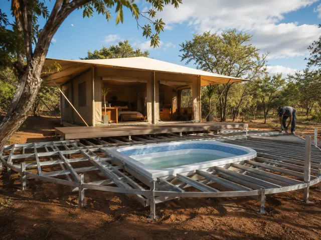 Safari tent installation on a raised zinc-plated steel deck frame with plunge pool