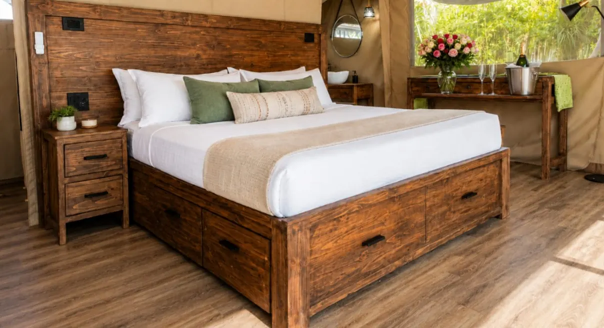 King bed with solid timber headboard and drawers inside a safari tent