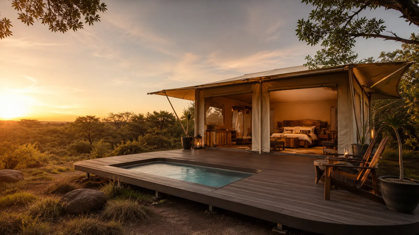 ARMIS luxury safari tent with open canvas front, timber deck and plunge pool overlooking the bushveld at sunset