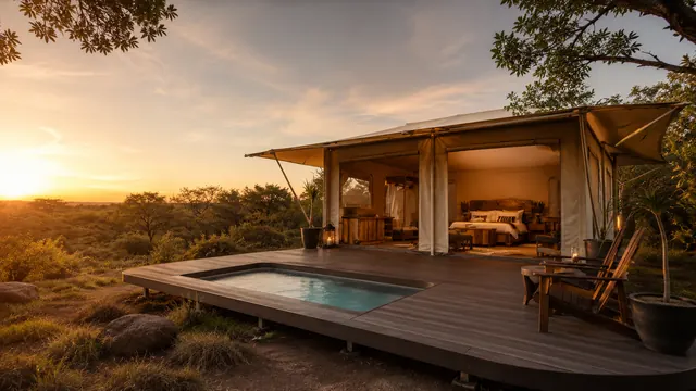 ARMIS luxury safari tent with open canvas front, timber deck and plunge pool at sunset