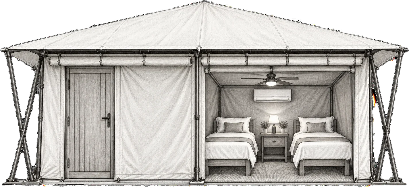 Elevation sketch of the ARMIS twin-room safari tent: pyramid canvas roof, X-braced steel frame, a timber door to one room and an open room with two single beds, a fan and air-conditioning
