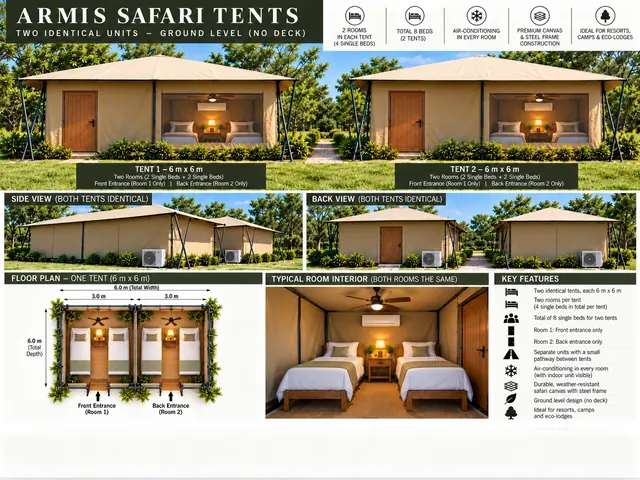 Twin-room 6 m by 6 m safari tents with side view, back view, floor plan and room interior