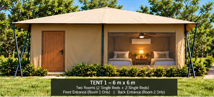 Twin-room 6 m by 6 m ARMIS safari tent with timber door and air-conditioned room